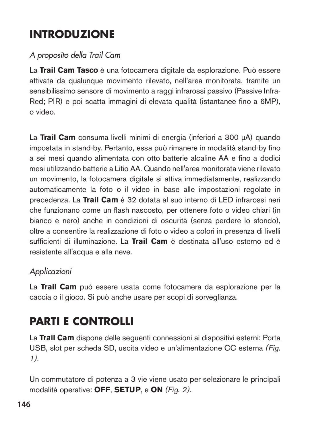 Tasco 119422 instruction manual Introduzione, Parti E Controlli, 146, Proposito della Trail Cam, Applicazioni 