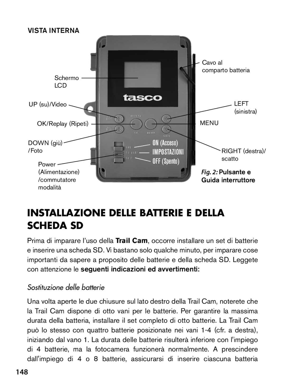 Tasco 119422 instruction manual Installazione delle batterie e della, Scheda SD, 148, Sostituzione delle batterie 