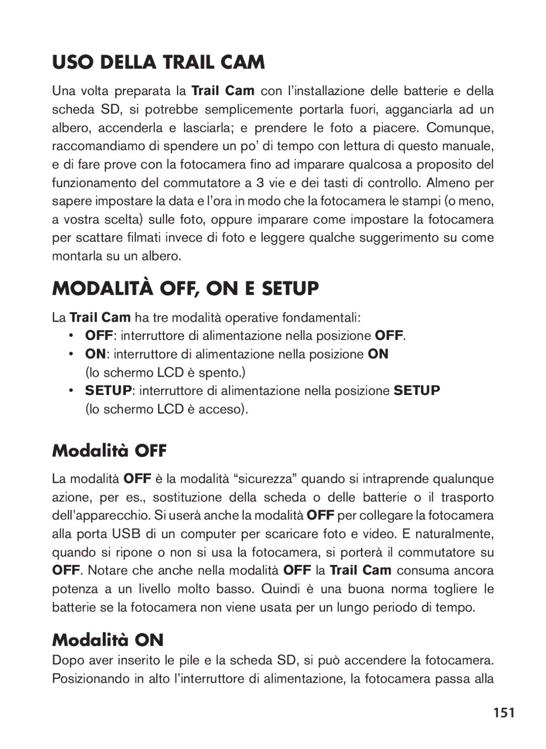 Tasco 119422 instruction manual USO Della Trail CAM, Modalità OFF, on E Setup, Modalità on, 151 