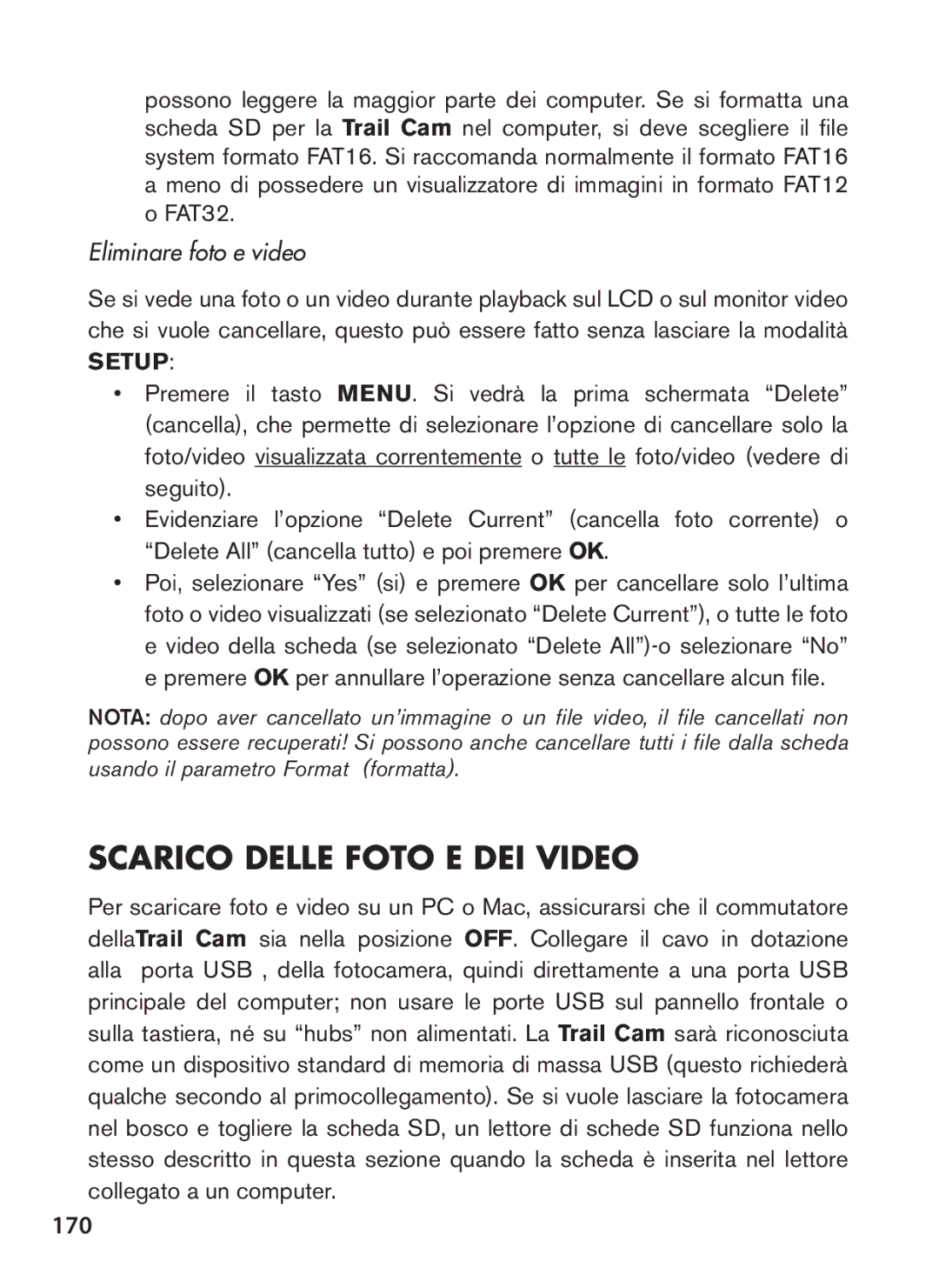 Tasco 119422 instruction manual Scarico Delle Foto E DEI Video, 170, FAT32, Eliminare foto e video 