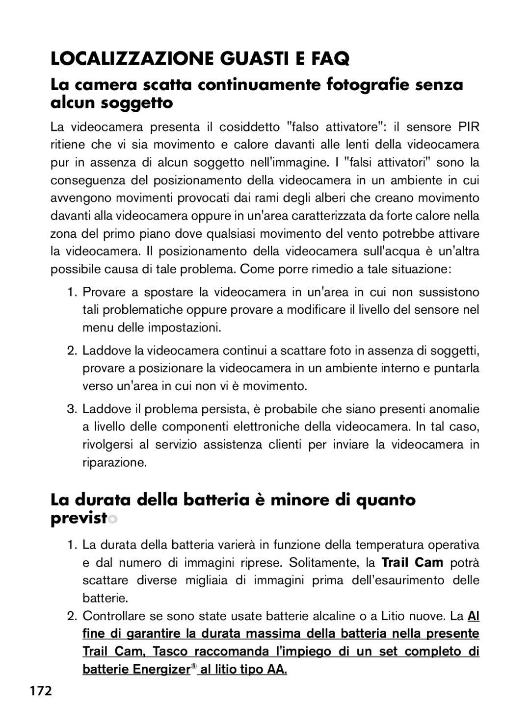 Tasco 119422 instruction manual Localizzazione guasti e FAQ, La durata della batteria è minore di quanto previsto, 172 