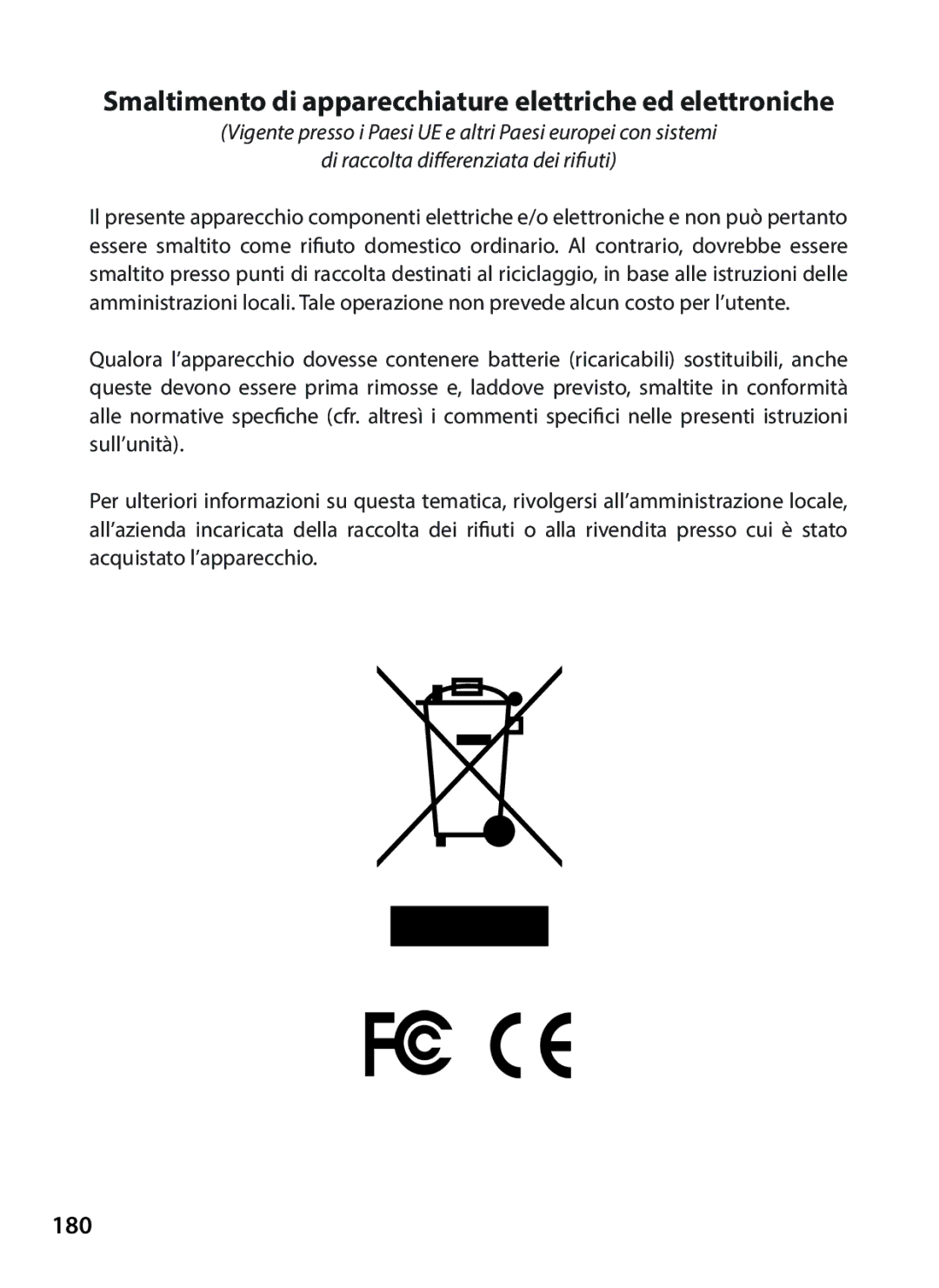 Tasco 119422 instruction manual Smaltimento di apparecchiature elettriche ed elettroniche, 180 