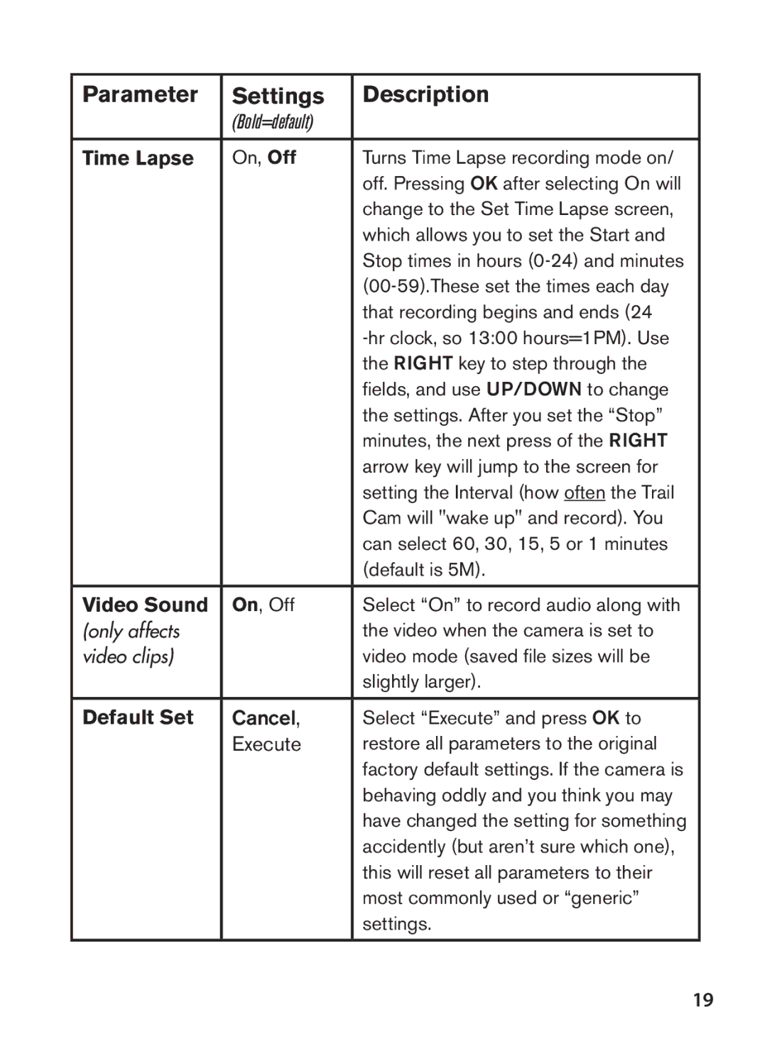 Tasco 119422 instruction manual Time Lapse, Video Sound, Default Set, Only affects, Video clips 