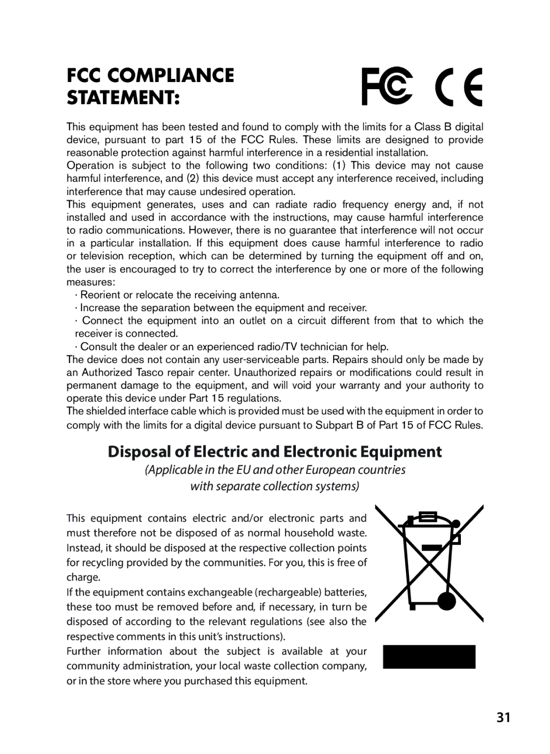 Tasco 119422 instruction manual FCC Compliance Statement, Disposal of Electric and Electronic Equipment 