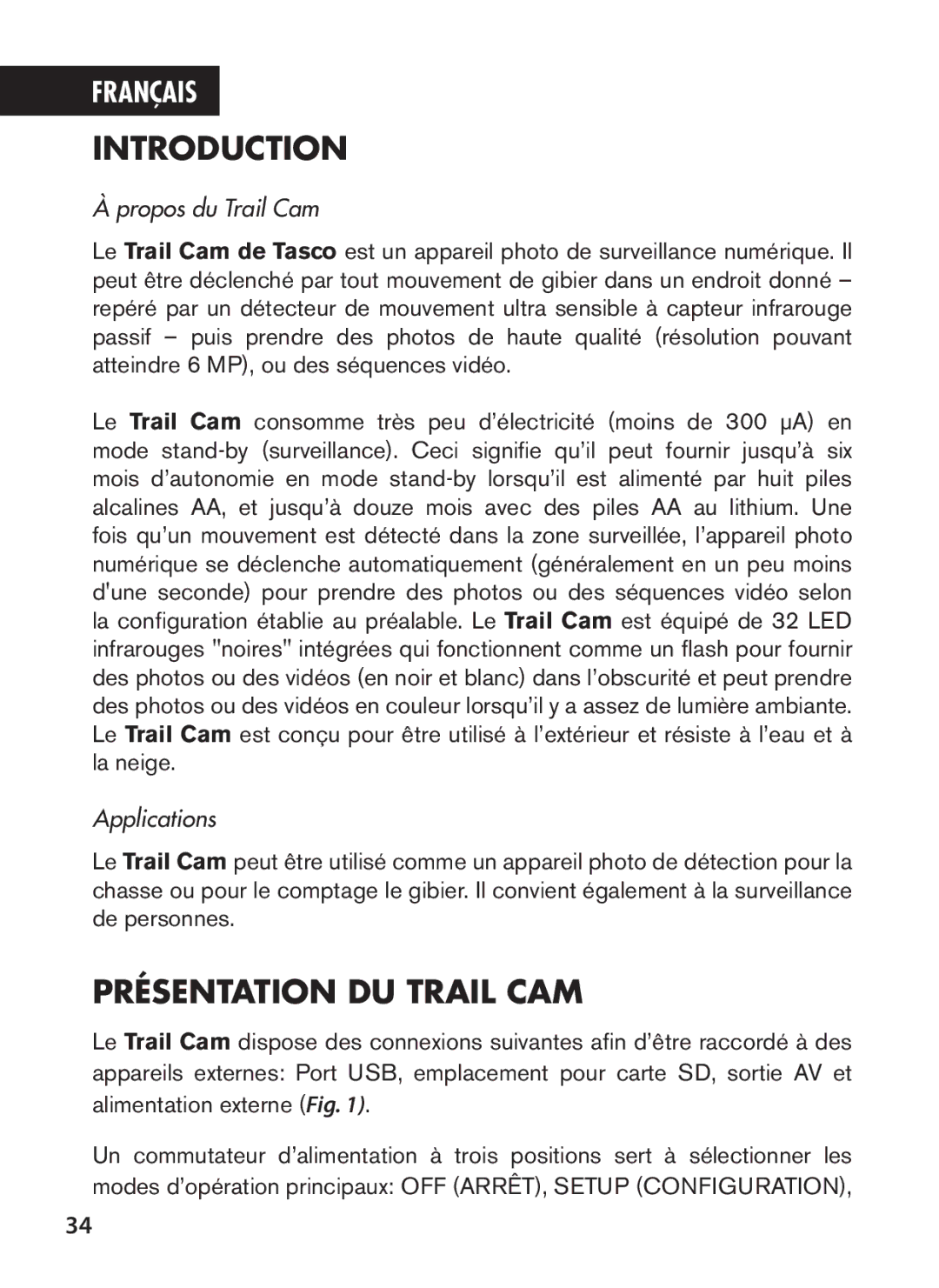 Tasco 119422 instruction manual Présentation DU Trail Cam, Propos du Trail Cam 