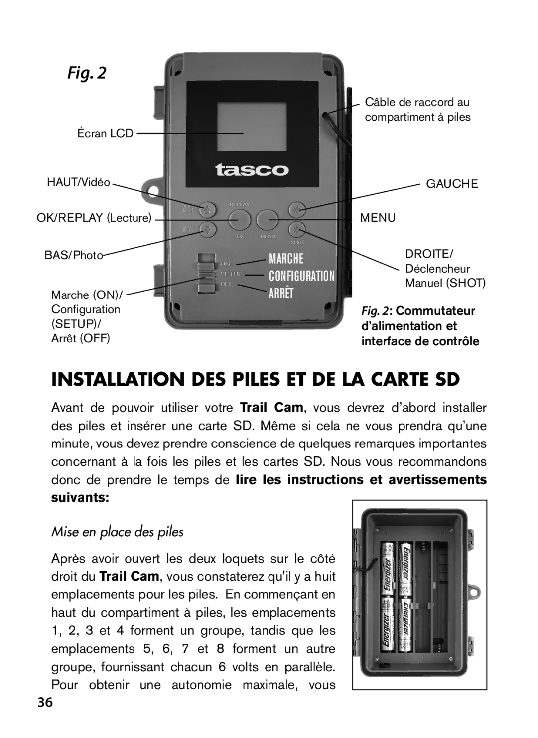 Tasco 119422 instruction manual Installation DES Piles ET DE LA Carte SD, Suivants, Mise en place des piles 