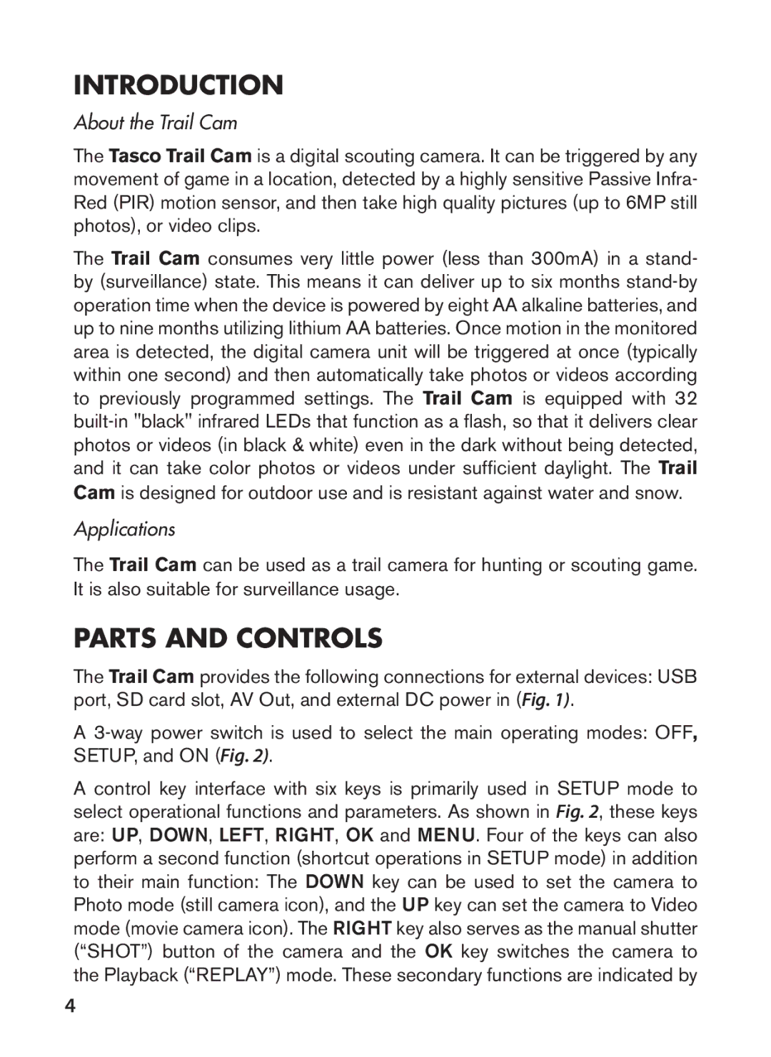 Tasco 119422 instruction manual Introduction, Parts and Controls, About the Trail Cam, Applications 