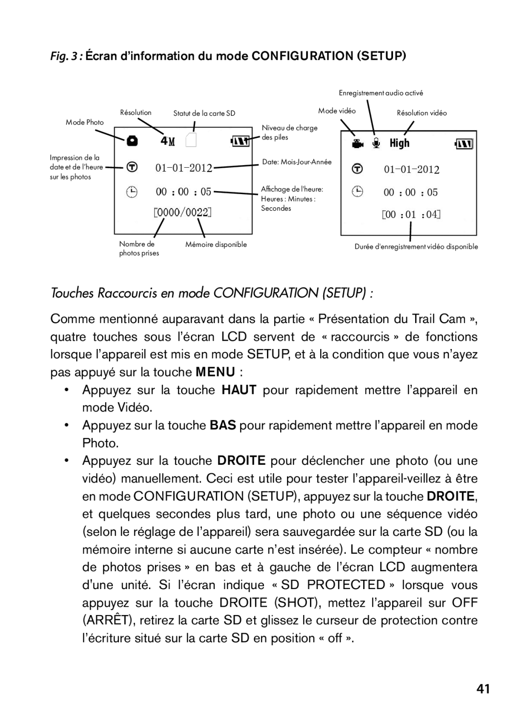 Tasco 119422 instruction manual Touches Raccourcis en mode Configuration Setup, High 