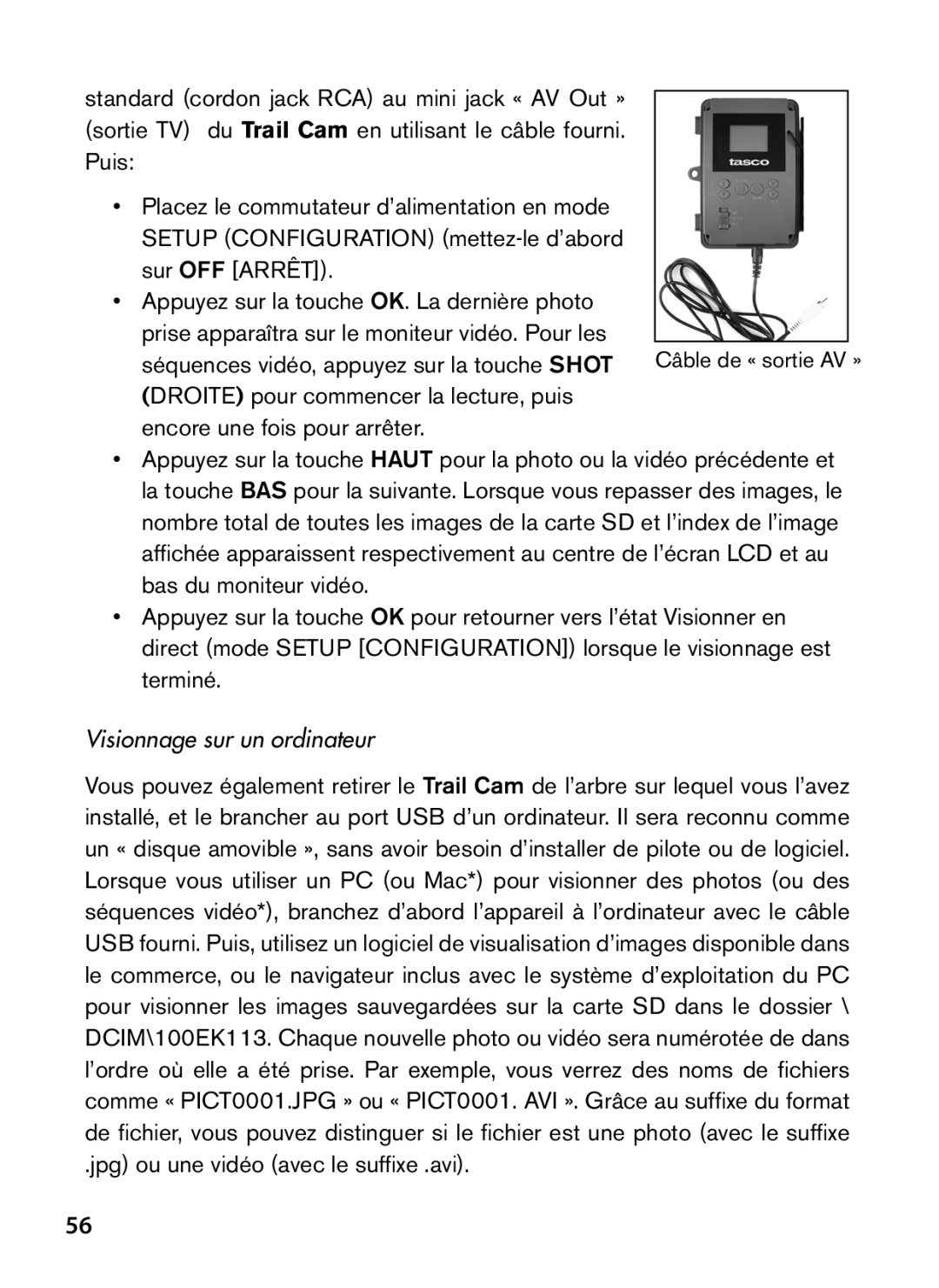 Tasco 119422 instruction manual Visionnage sur un ordinateur, Jpg ou une vidéo avec le suffixe .avi 