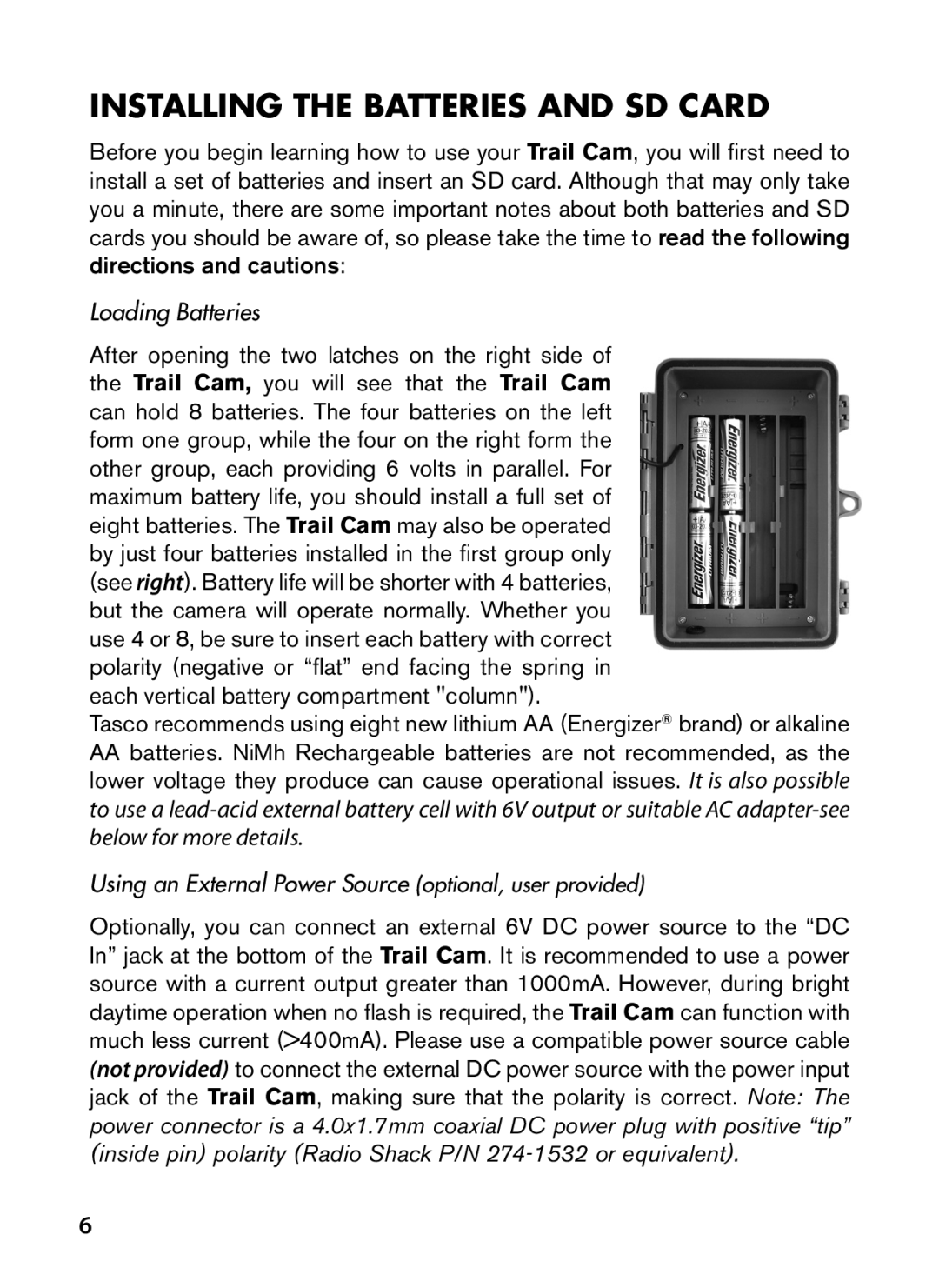 Tasco 119422 instruction manual Installing the Batteries and SD Card, Loading Batteries 