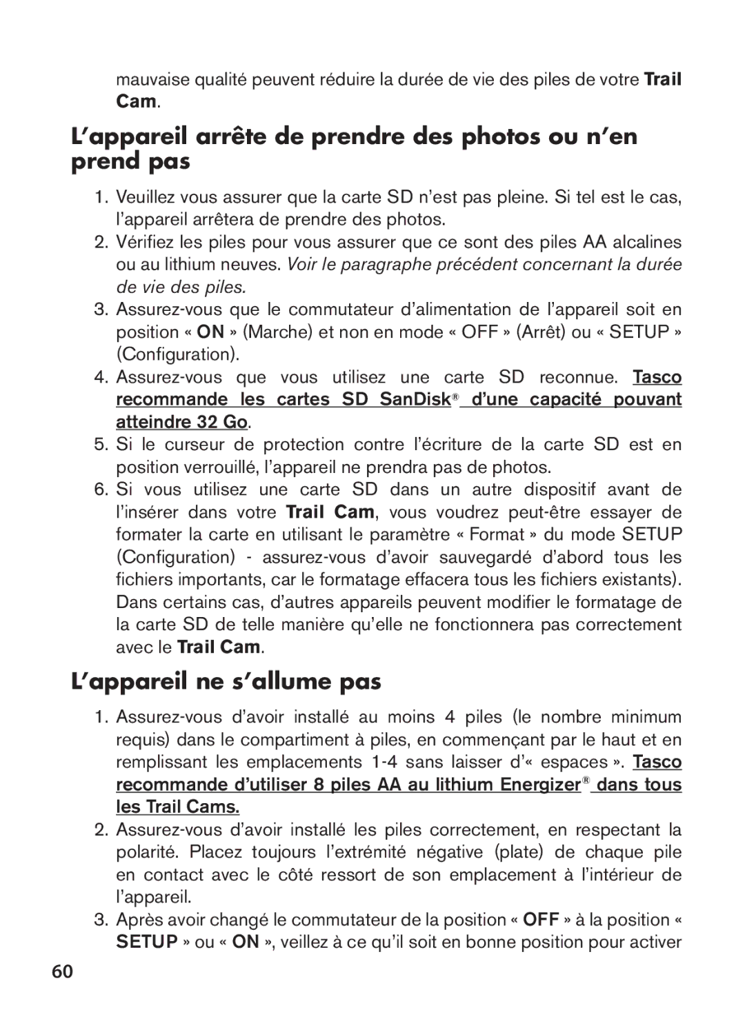 Tasco 119422 instruction manual ’appareil arrête de prendre des photos ou n’en prend pas, ’appareil ne s’allume pas 