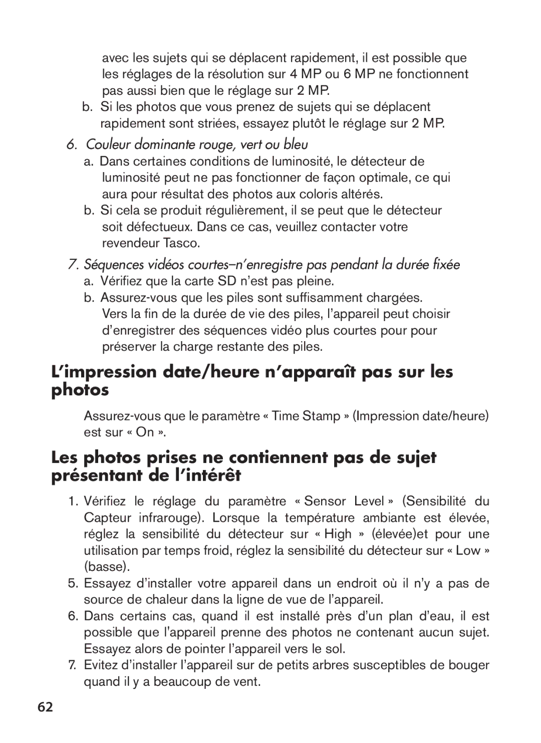 Tasco 119422 instruction manual ’impression date/heure n’apparaît pas sur les photos, Couleur dominante rouge, vert ou bleu 