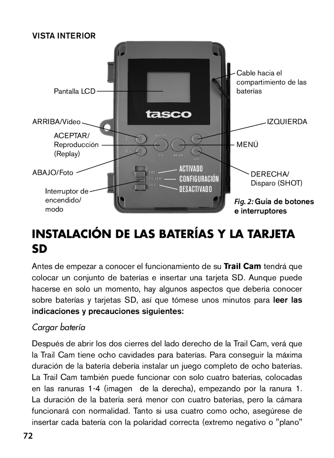 Tasco 119422 instruction manual Instalación DE LAS Baterías Y LA Tarjeta SD, Cargar batería 