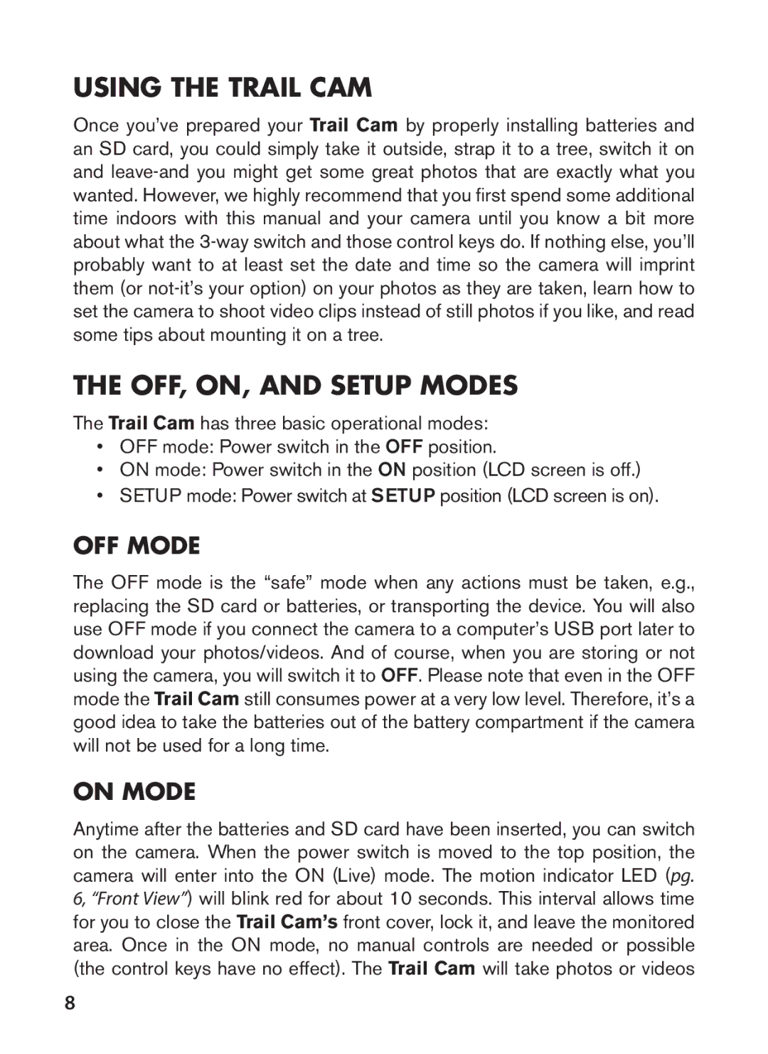 Tasco 119422 instruction manual Using the Trail CAM, OFF, ON, and Setup Modes, OFF Mode, On Mode 