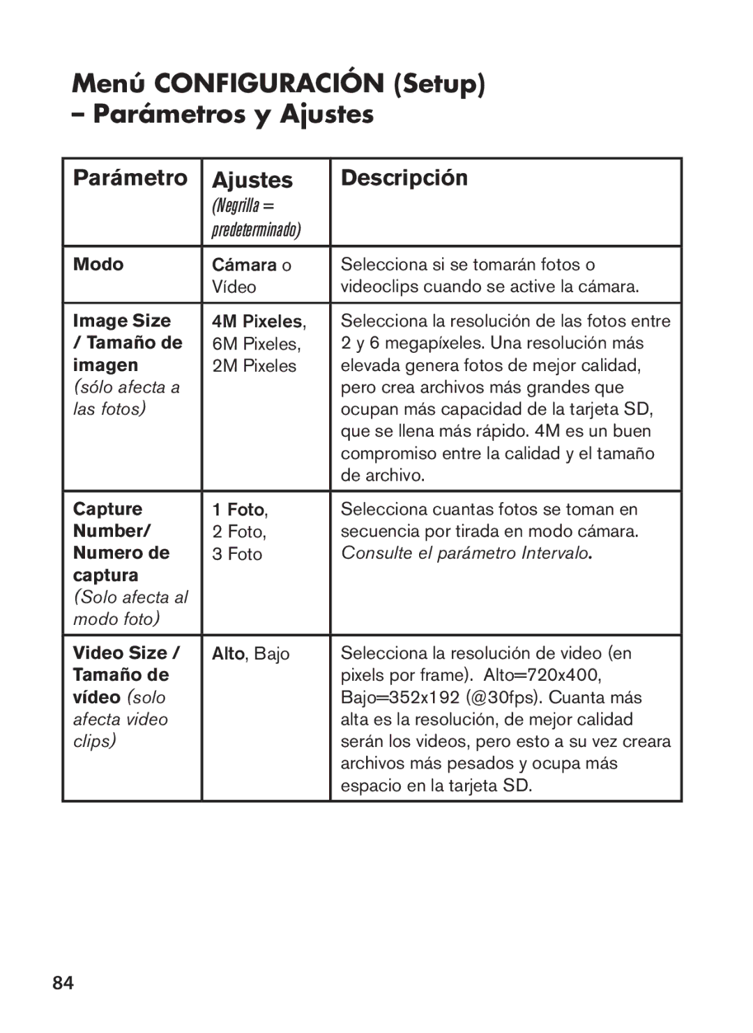 Tasco 119422 instruction manual Menú Configuración Setup Parámetros y Ajustes, Parámetro Ajustes Descripción 