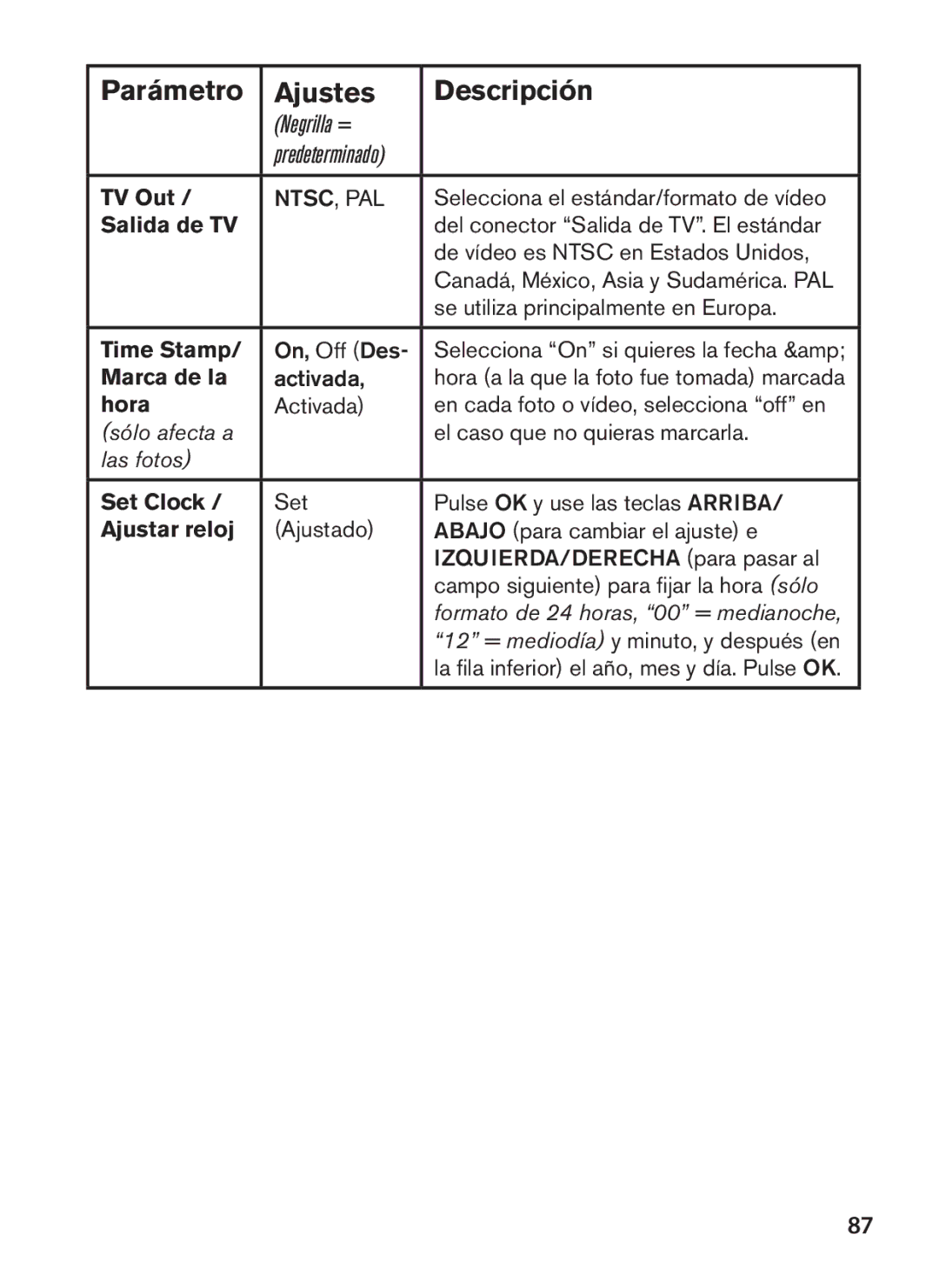 Tasco 119422 instruction manual Salida de TV, Marca de la, Hora, Ajustar reloj 