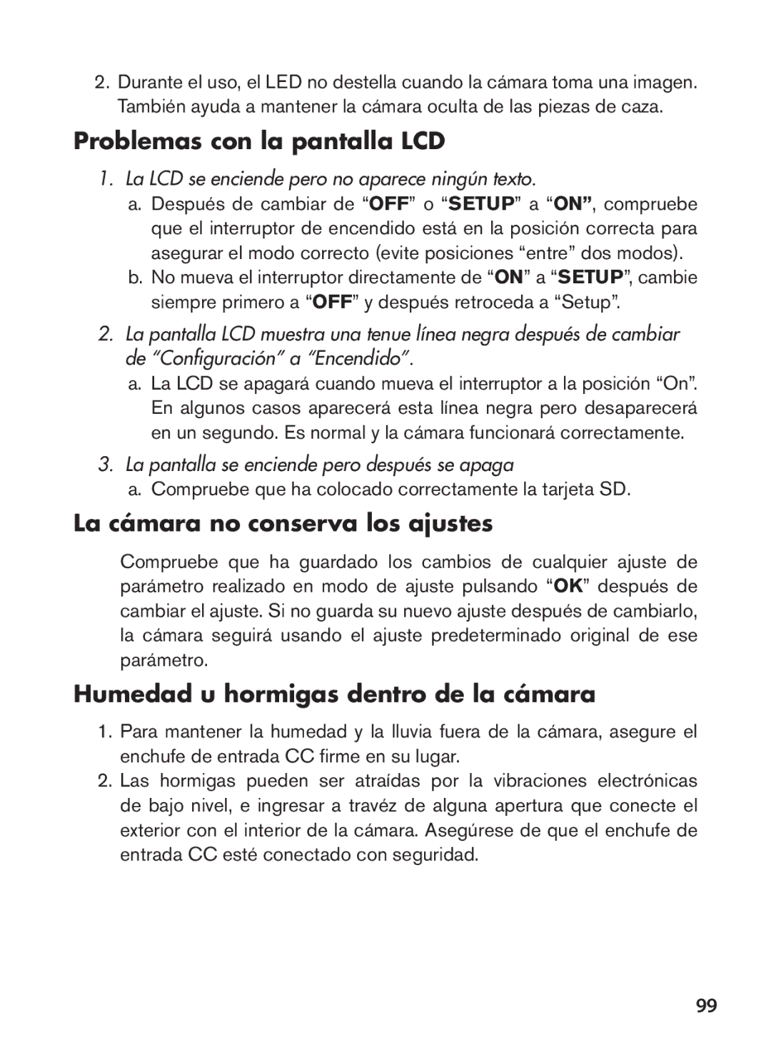 Tasco 119422 Problemas con la pantalla LCD, La cámara no conserva los ajustes, Humedad u hormigas dentro de la cámara 