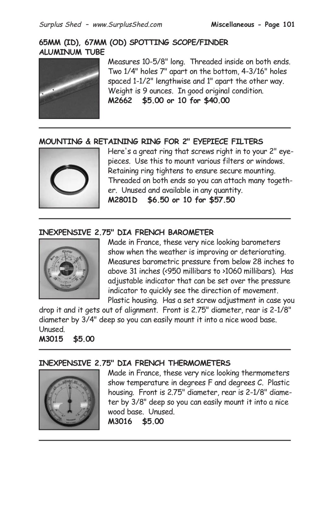 Tasco 1575 manual 65MM ID, 67MM OD Spotting SCOPE/FINDER, Inexpensive 2.75 DIA French Barometer, M3015 $5.00, M3016 $5.00 