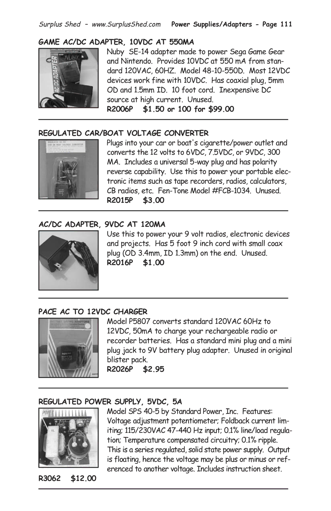 Tasco 1575 manual Game AC/DC ADAPTER, 10VDC AT 550MA, Regulated CAR/BOAT Voltage Converter, AC/DC ADAPTER, 9VDC AT 120MA 