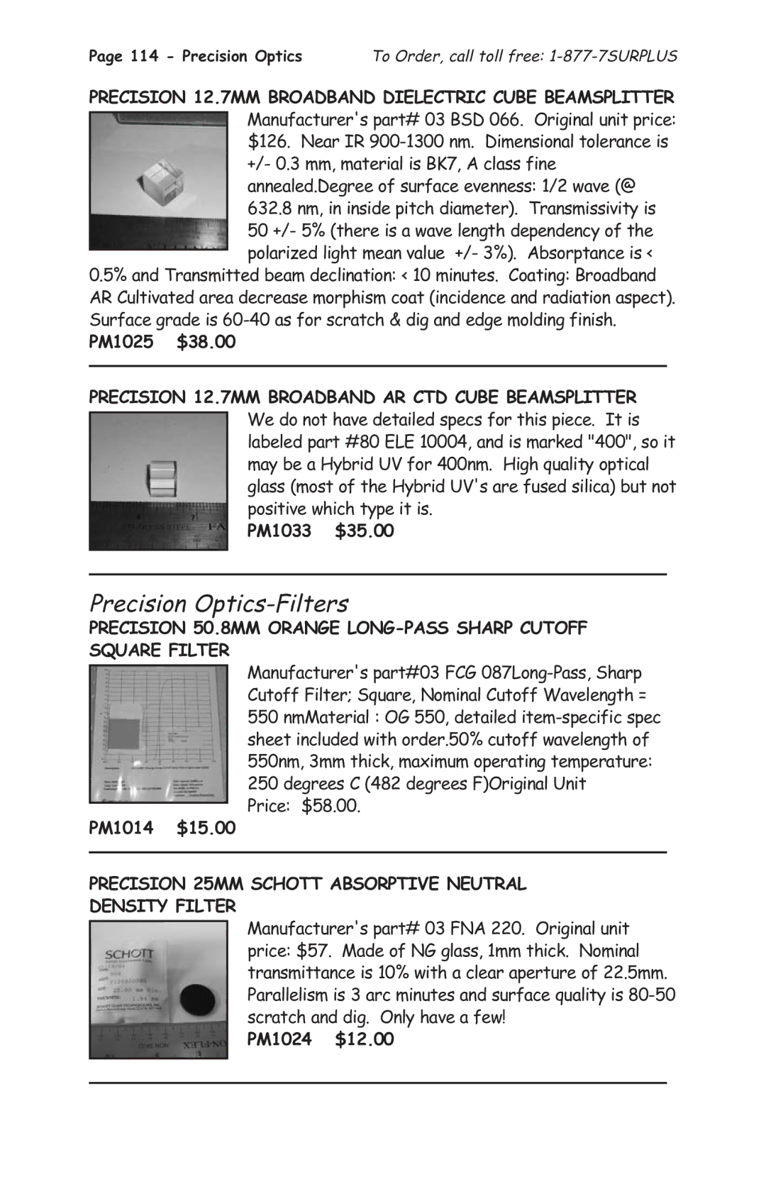 Tasco 1575 manual Precision Optics-Filters, Precision 50.8MM Orange LONG-PASS Sharp Cutoff, PM1014 $15.00, PM1024 $12.00 