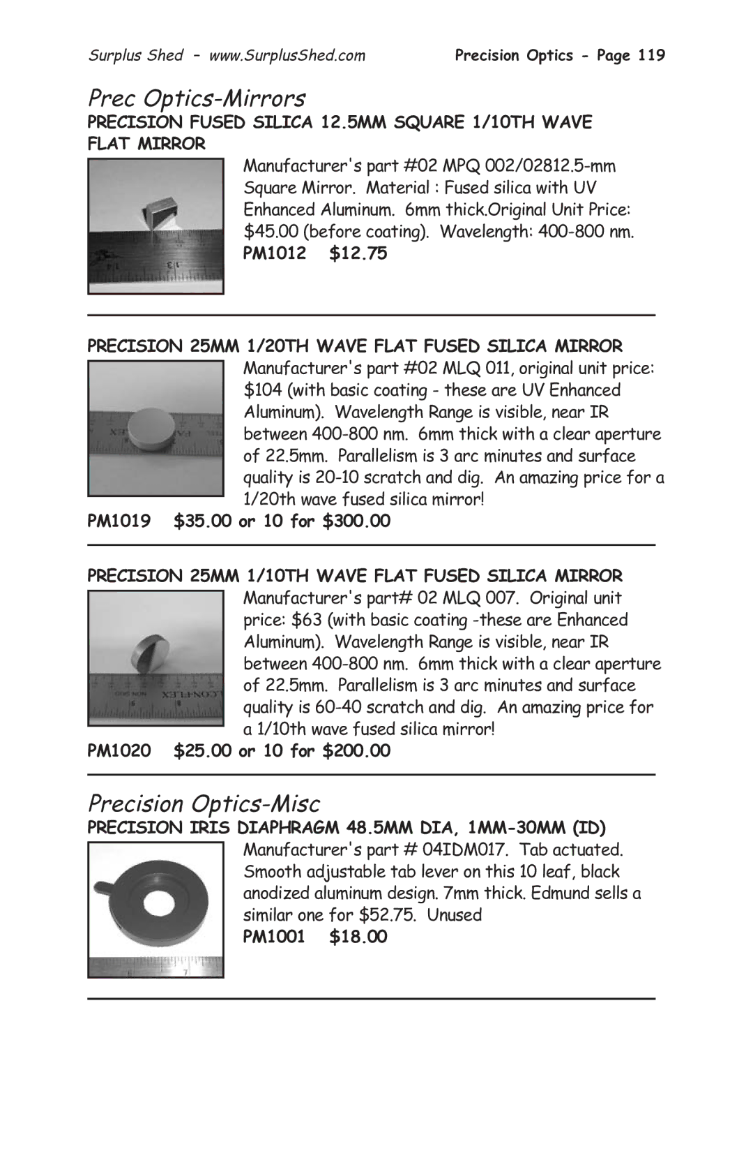 Tasco 1575 manual Prec Optics-Mirrors, Precision Optics-Misc 