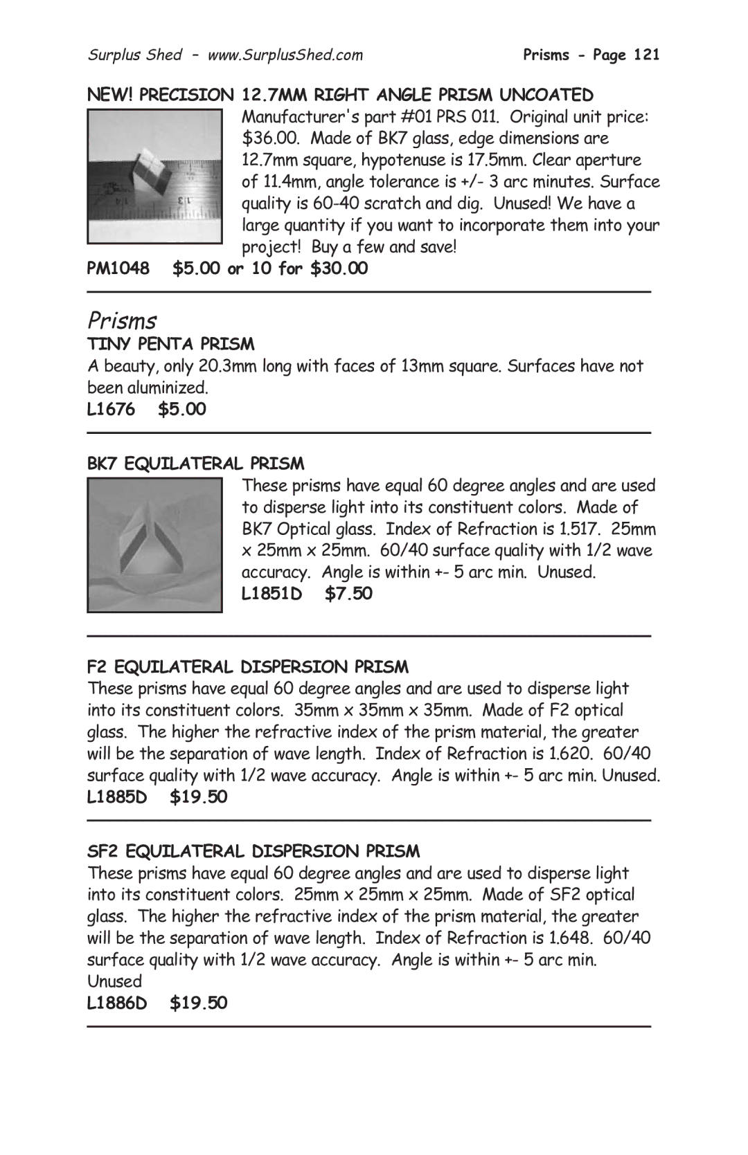 Tasco 1575 manual Prisms, Tiny Penta Prism, BK7 Equilateral Prism, F2 Equilateral Dispersion Prism 