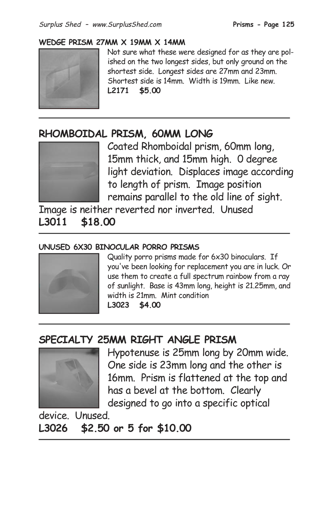 Tasco 1575 manual Rhomboidal PRISM, 60MM Long, L3011 $18.00, L3026 $2.50 or 5 for $10.00, Wedge Prism 27MM X 19MM X 14MM 
