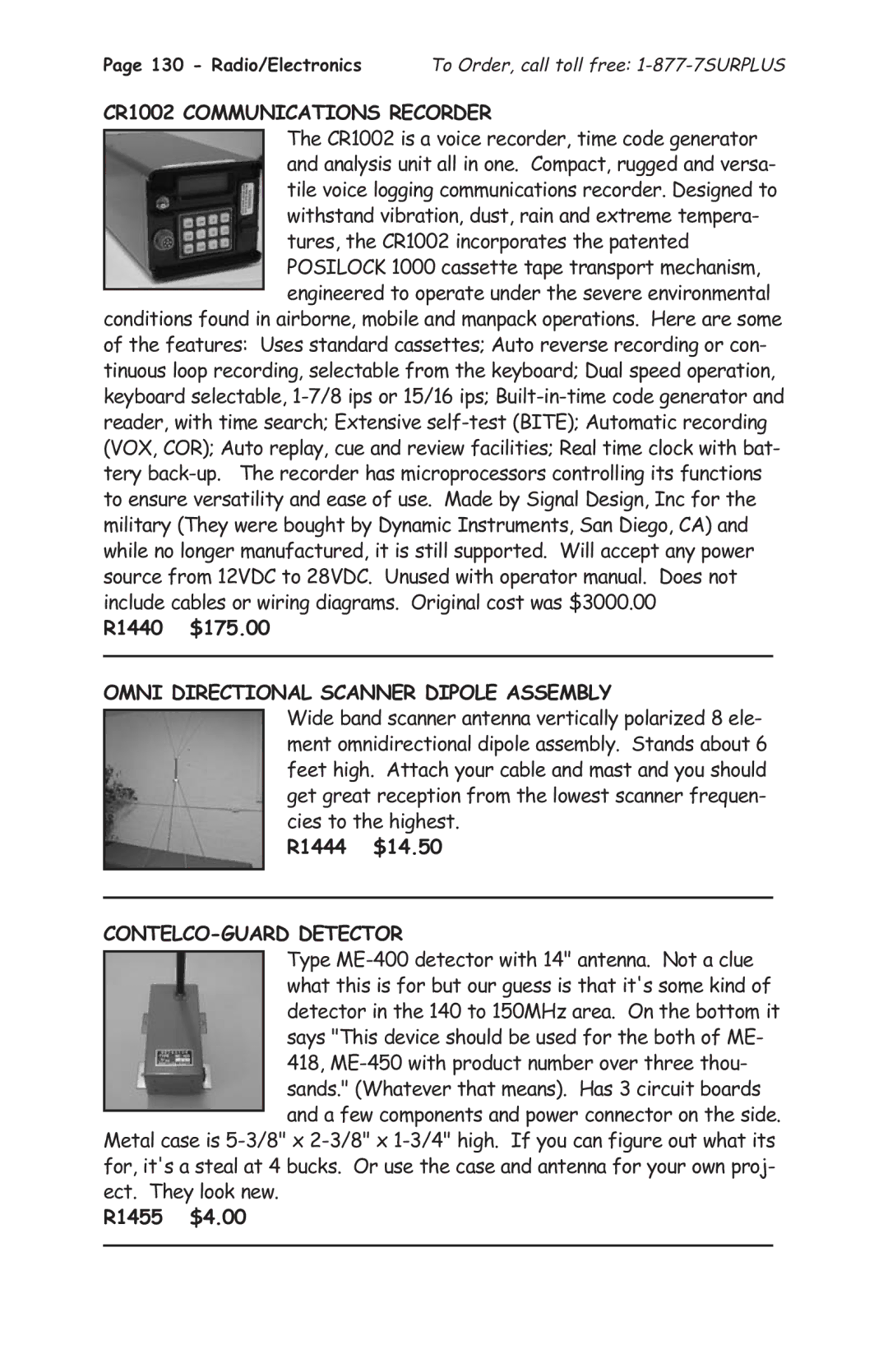 Tasco 1575 manual CR1002 Communications Recorder, Omni Directional Scanner Dipole Assembly, CONTELCO-GUARD Detector 