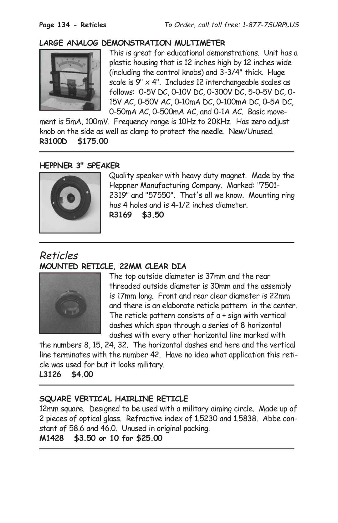 Tasco 1575 manual Reticles, Large Analog Demonstration Multimeter, Heppner 3 Speaker, Mounted RETICLE, 22MM Clear DIA 