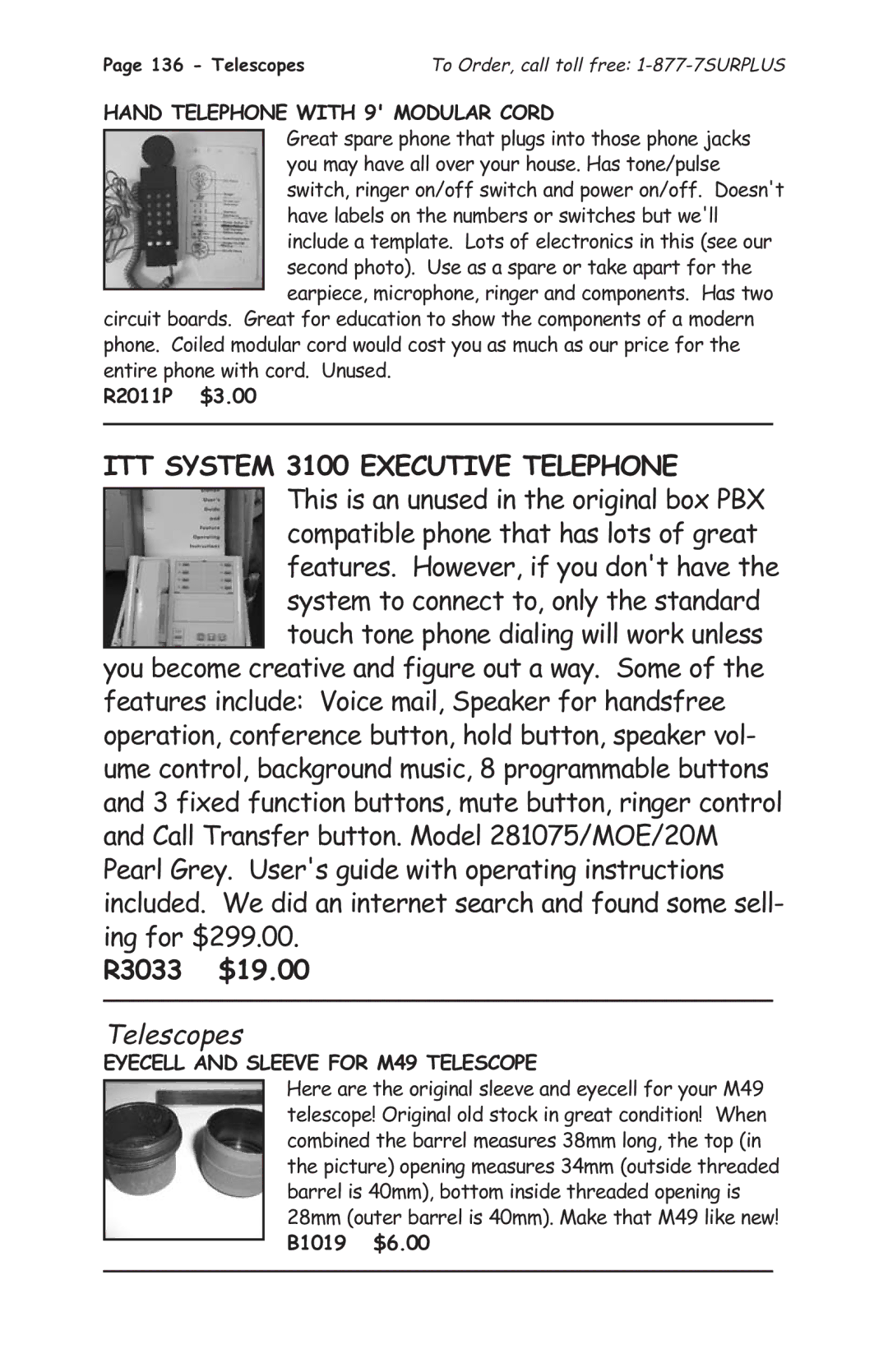 Tasco 1575 manual ITT System 3100 Executive Telephone, R3033 $19.00, Telescopes, Hand Telephone with 9 Modular Cord 