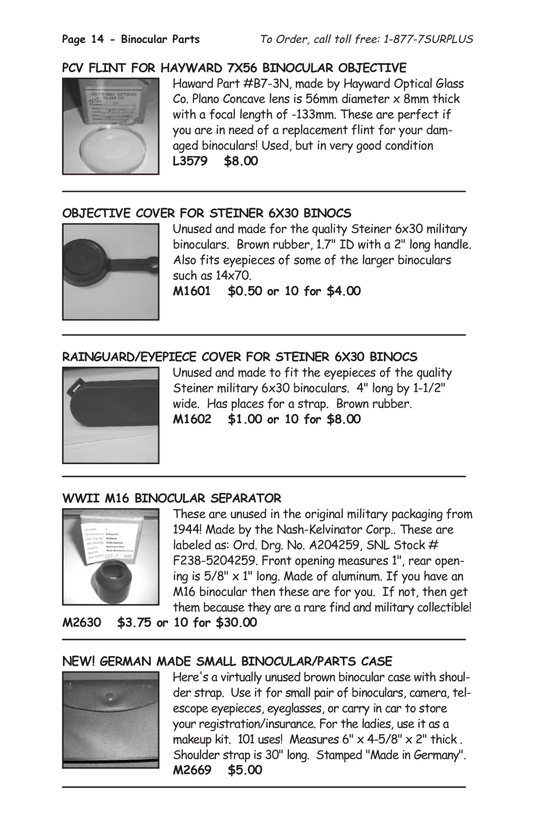 Tasco 1575 manual Objective Cover for Steiner 6X30 Binocs, Wwii M16 Binocular Separator 