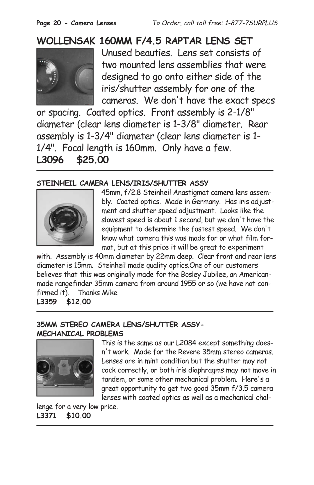 Tasco 1575 manual L3096 $25.00, Steinheil Camera LENS/IRIS/SHUTTER Assy, L3359 $12.00, L3371 $10.00 