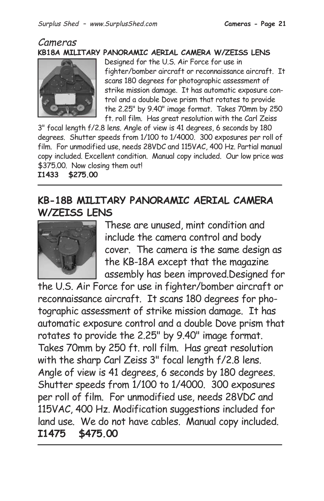 Tasco 1575 manual Cameras, KB-18B Military Panoramic Aerial Camera W/ZEISS Lens, I1475 $475.00, I1433 $275.00 