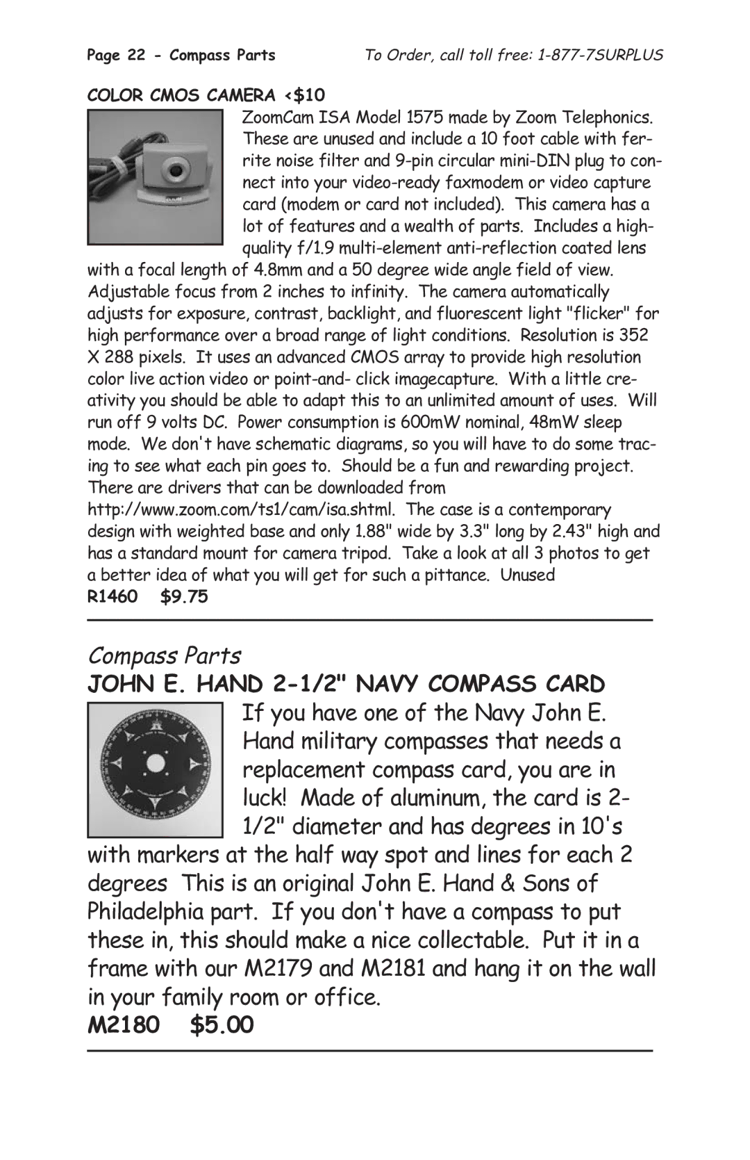 Tasco 1575 manual Compass Parts, M2180 $5.00, Color Cmos Camera $10, R1460 $9.75 