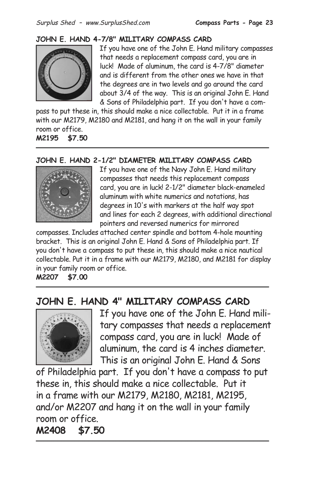 Tasco 1575 manual John E. Hand 4 Military Compass Card, M2408 $7.50, John E. Hand 4-7/8 Military Compass Card, M2207 $7.00 