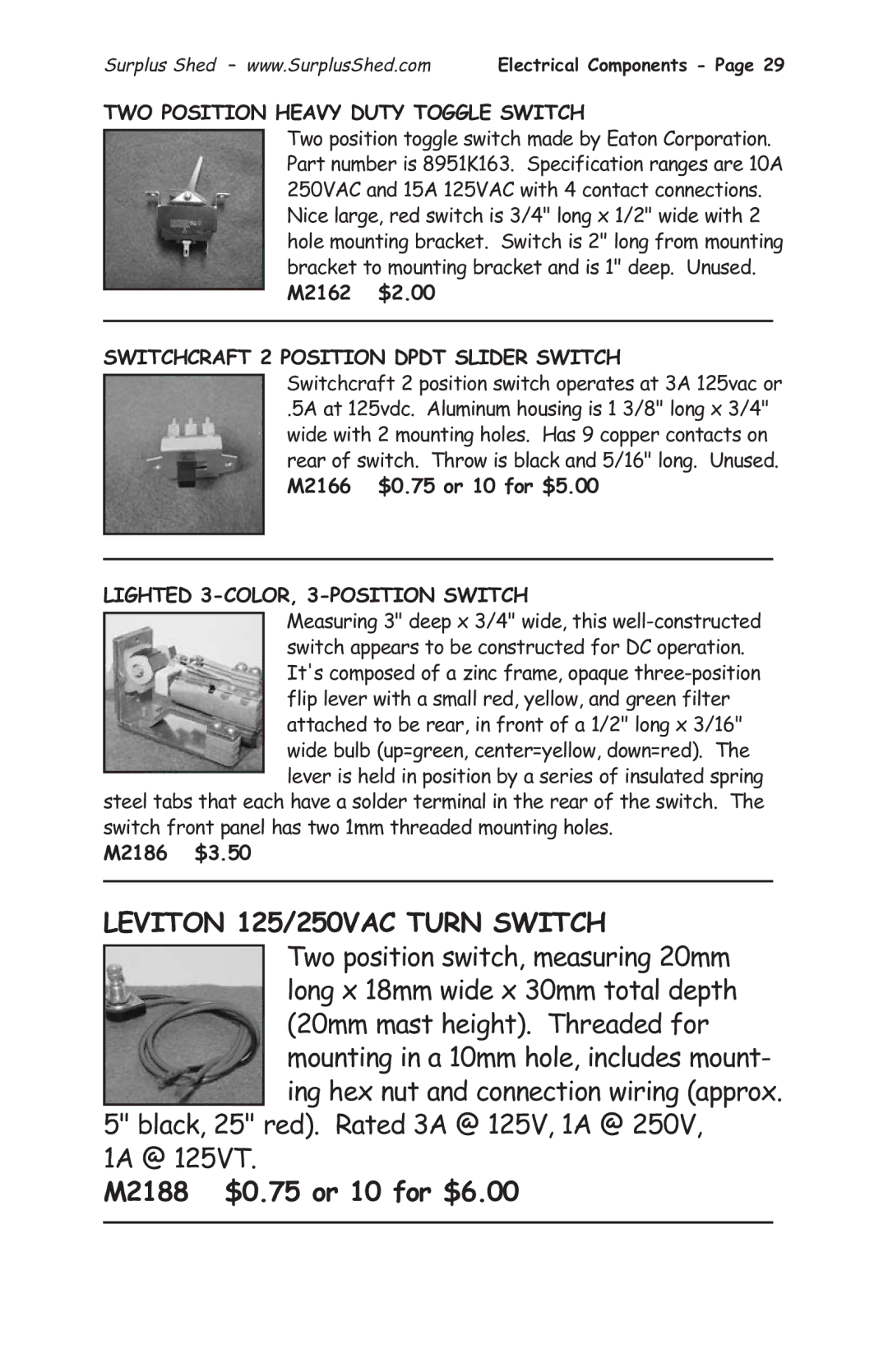 Tasco 1575 manual Leviton 125/250VAC Turn Switch, M2188 $0.75 or 10 for $6.00, TWO Position Heavy Duty Toggle Switch 