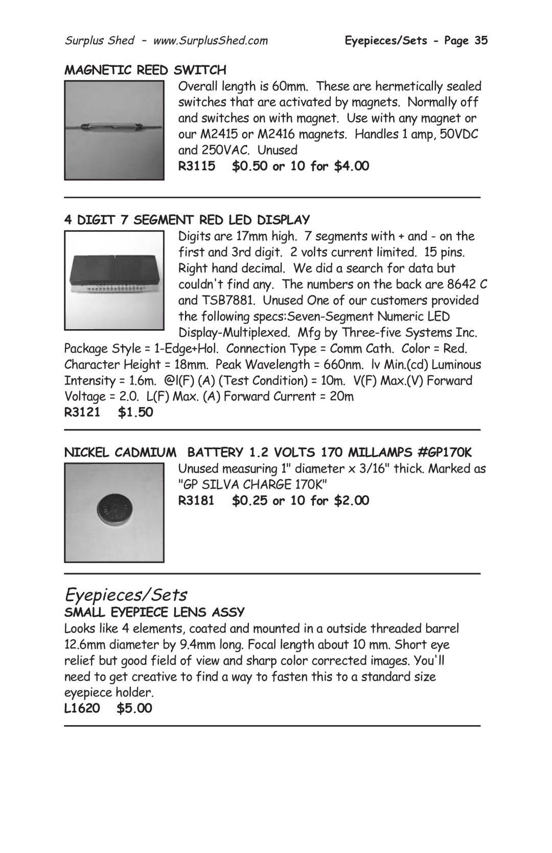 Tasco 1575 manual Eyepieces/Sets, Magnetic Reed Switch, Digit 7 Segment RED LED Display, Small Eyepiece Lens Assy 