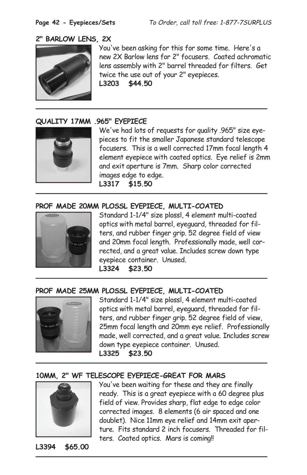 Tasco 1575 manual Barlow Lens, L3203 $44.50, Quality 17MM .965 Eyepiece 