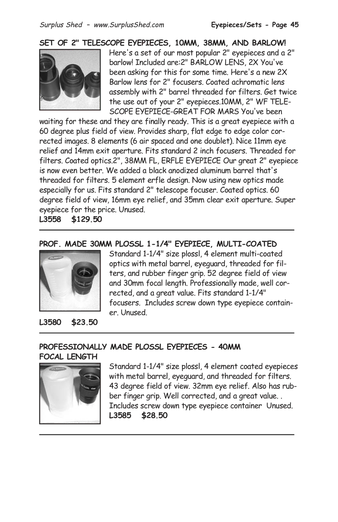 Tasco 1575 manual SET of 2 Telescope EYEPIECES, 10MM, 38MM, and Barlow, PROF. Made 30MM Plossl 1-1/4 EYEPIECE, MULTI-COATED 