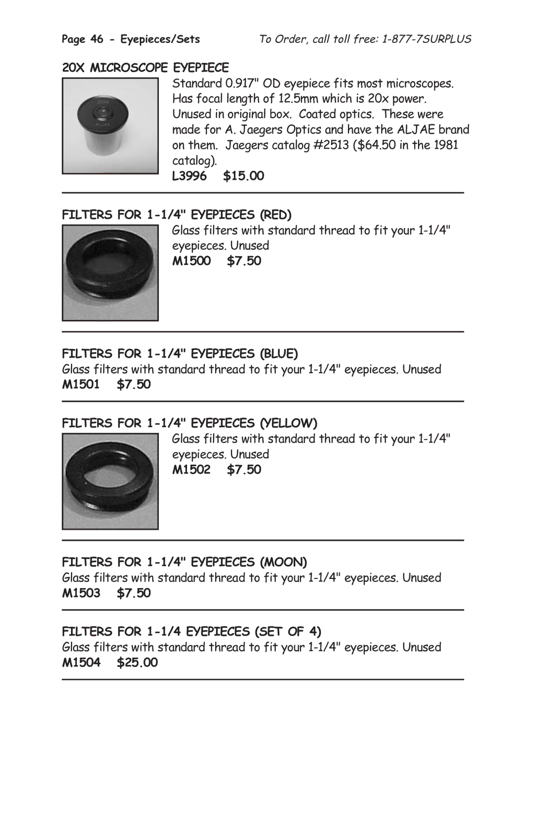 Tasco 1575 manual 20X Microscope Eyepiece, Filters for 1-1/4 Eyepieces RED, Filters for 1-1/4 Eyepieces Blue 