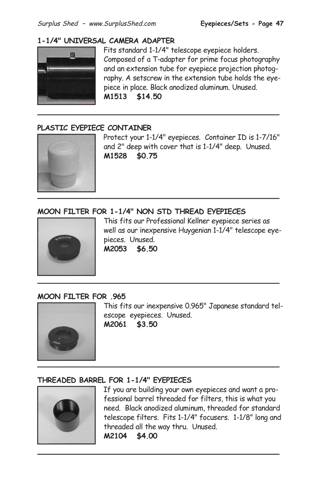 Tasco 1575 manual Universal Camera Adapter, Plastic Eyepiece Container, Moon Filter for 1-1/4 NON STD Thread Eyepieces 