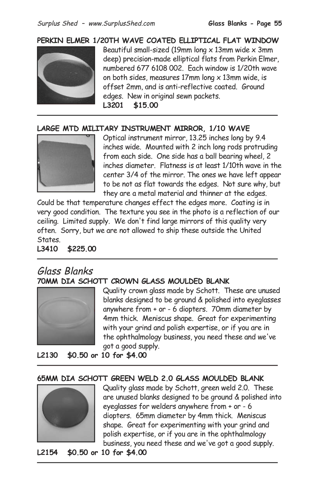 Tasco 1575 manual Glass Blanks, L3201 $15.00, Large MTD Military Instrument MIRROR, 1/10 Wave, $225.00 L3410 