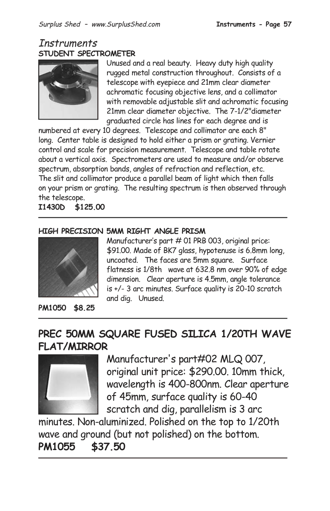 Tasco 1575 manual Instruments, PM1055 $37.50, Student Spectrometer, High Precision 5MM Right Angle Prism 