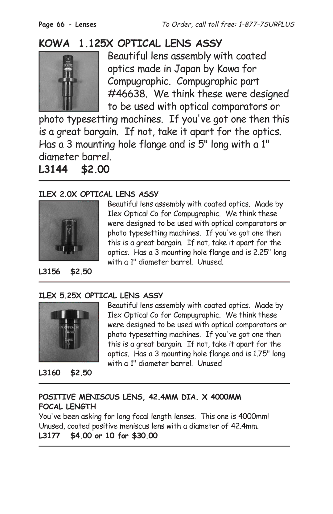 Tasco 1575 manual Kowa 1.125X Optical Lens Assy, L3144 $2.00, Ilex 2.0X Optical Lens Assy, Ilex 5.25X Optical Lens Assy 