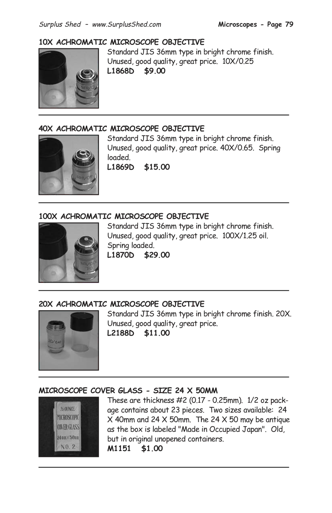 Tasco 1575 10X Achromatic Microscope Objective, 40X Achromatic Microscope Objective, 100X Achromatic Microscope Objective 