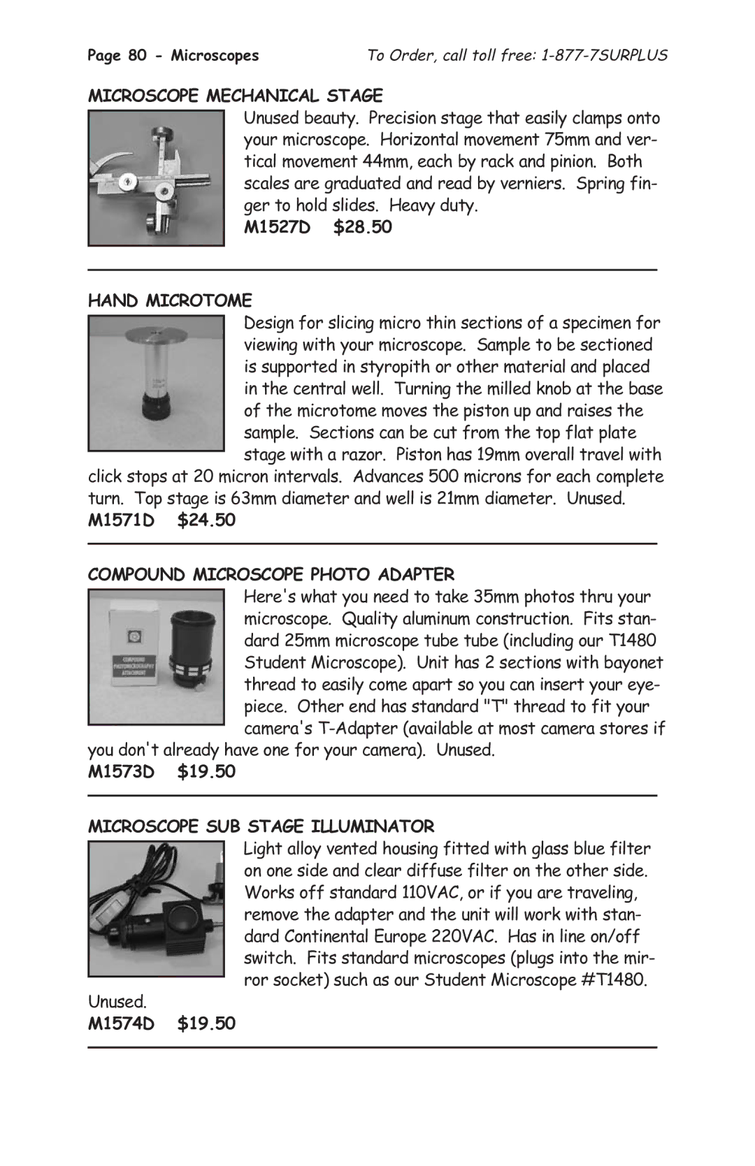 Tasco 1575 manual Microscope Mechanical Stage, Hand Microtome, Compound Microscope Photo Adapter 