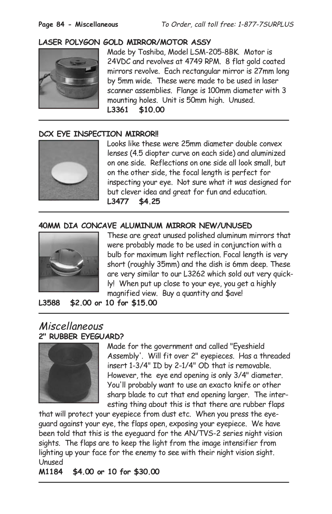 Tasco 1575 manual Miscellaneous, Laser Polygon Gold MIRROR/MOTOR Assy, DCX EYE Inspection Mirror, Rubber EYEGUARD? 