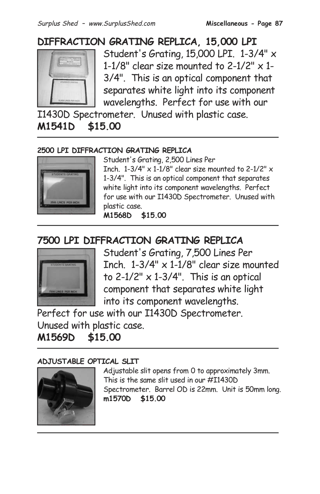 Tasco 1575 manual Diffraction Grating REPLICA, 15,000 LPI, M1541D $15.00, M1569D $15.00, LPI Diffraction Grating Replica 