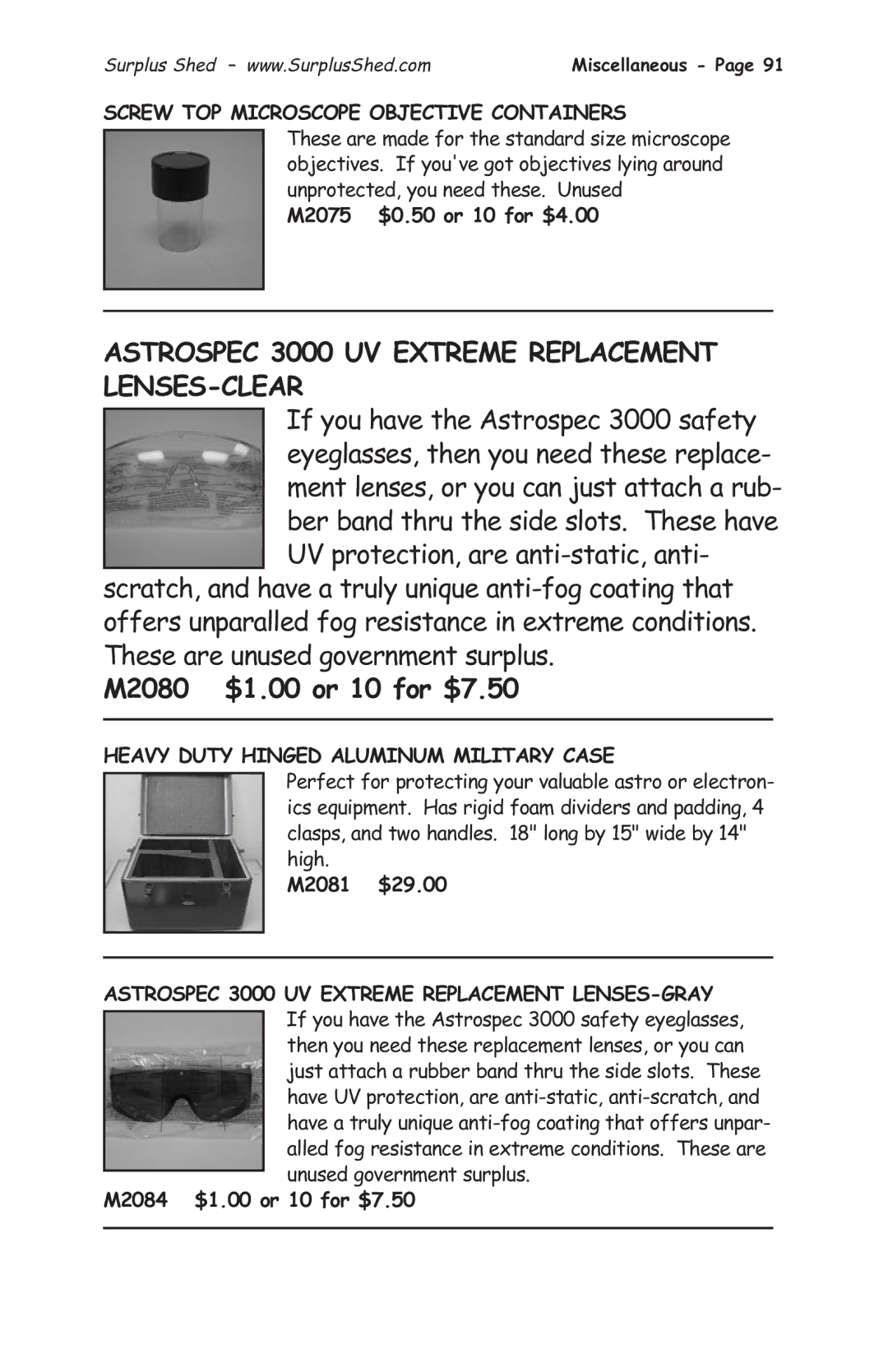 Tasco 1575 Astrospec 3000 UV Extreme Replacement LENSES-CLEAR, M2080 $1.00 or 10 for $7.50, M2075 $0.50 or 10 for $4.00 