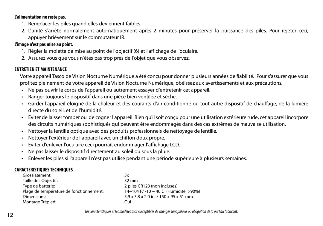 Tasco 269332 instruction manual Lalimentation ne reste pas, Limage nest pas mise au point, Entretien ET Maintenance 